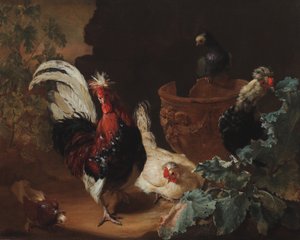 Un gallo, dos gallinas y dos palomas junto a un jarrón de terracota antigua en un paisaje, 1695 de Abraham Bisschop